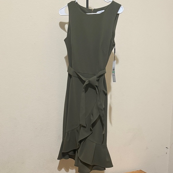 Calvin Klein Olive Faux Wrap Belted Dress with Ruffle Hem - Picture 1 of 12